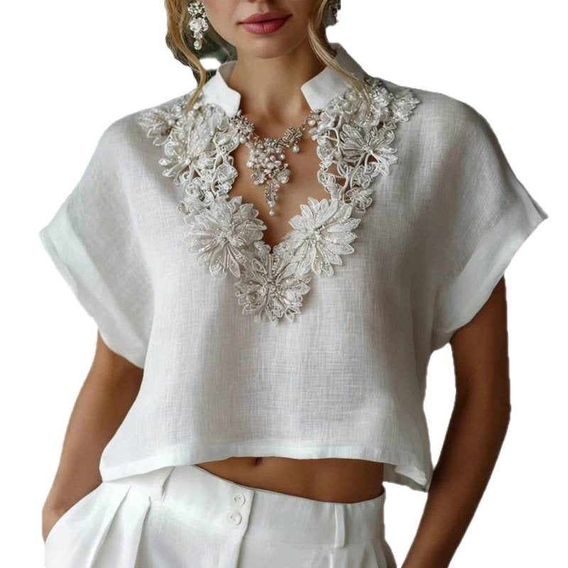 Amazon european cotton linen casual solid color stand collar shirt women's  summer new slimming short top