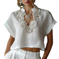 Amazon european cotton linen casual solid color stand collar shirt women's  summer new slimming short top