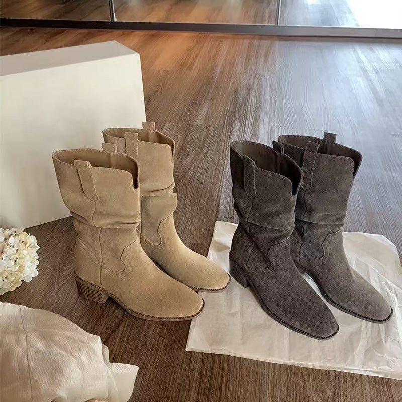 Grape mom~height increasing boots for women 2025 autumn winter v mouth slimming look maillard thick heel knee socks boots for women