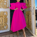 D3151 cross-border women's summer  new arrival: double-layer ruffle sleeve solid color asymmetrical dress - european and american style