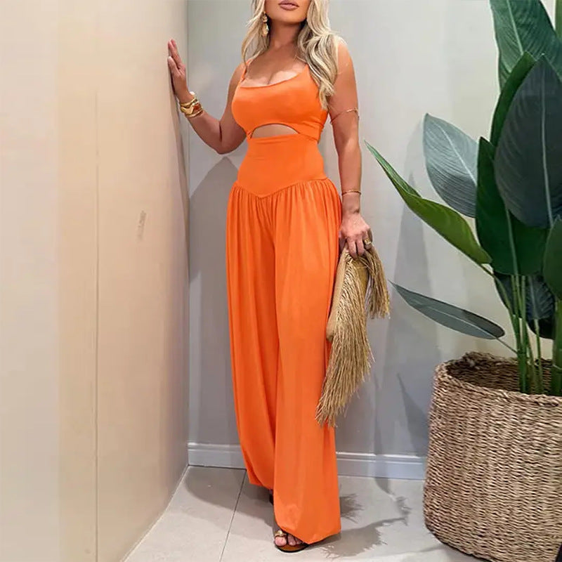 cross-border e-commerce women's clothing: new summer set - casual, loose-fit solid color camisole top and wide-leg pants two-piece outfit