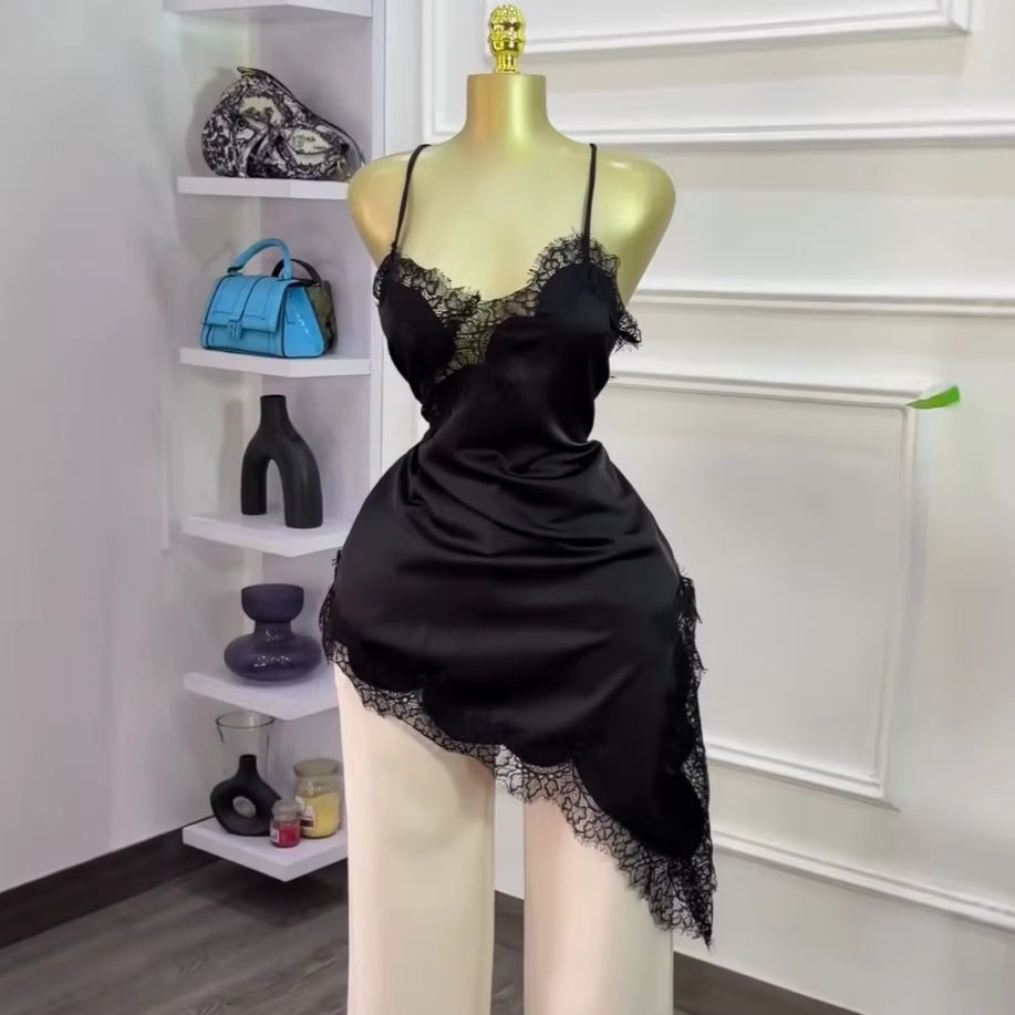 European and american cross-border women's fashion:  summer new arrivals - sexy and chic asymmetrical lace trim cami mini dress