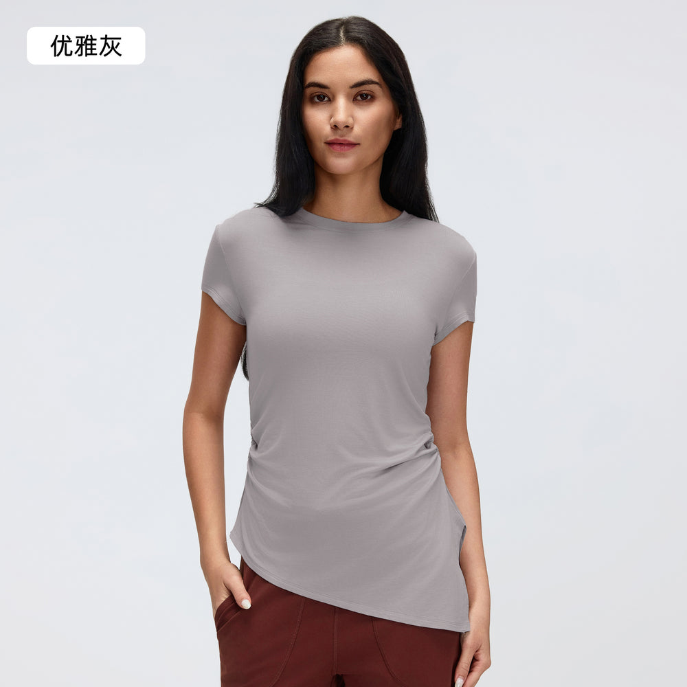 Summer crew neck activewear short sleeve women's ruched waist slimming yoga top running fitness t-shirt d26071