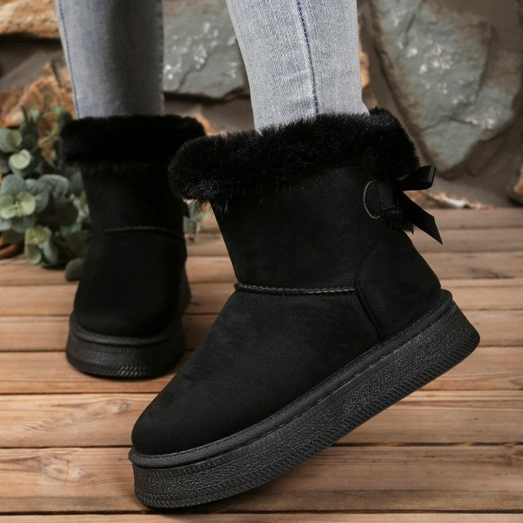 cross-border winter new arrivalfleece-linedthickenedplus size snow boots thick sole fur bow bowsheattech short boots for women