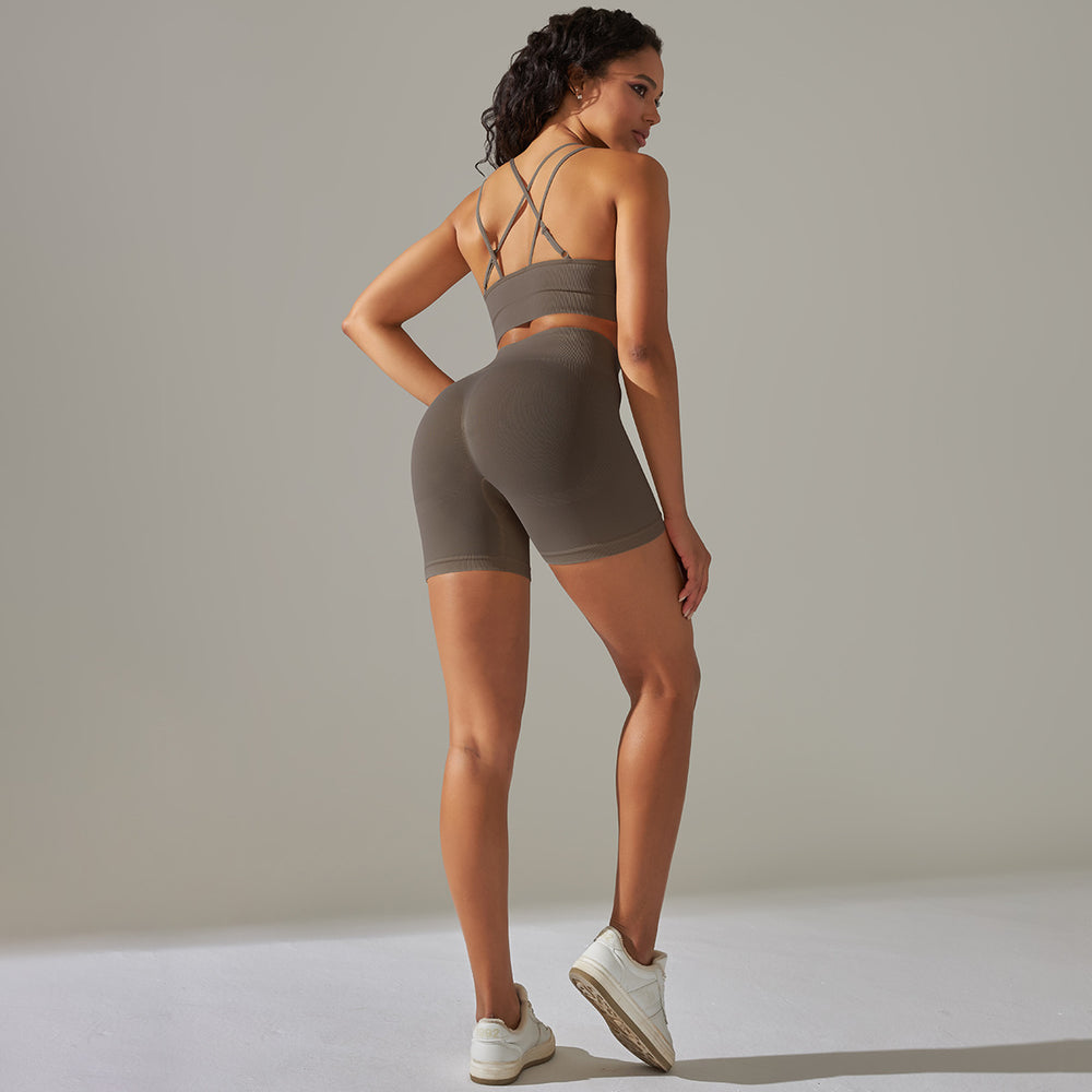 fashion seamless tight cross back sports intimates yoga suit running fitness shorts two-piece set