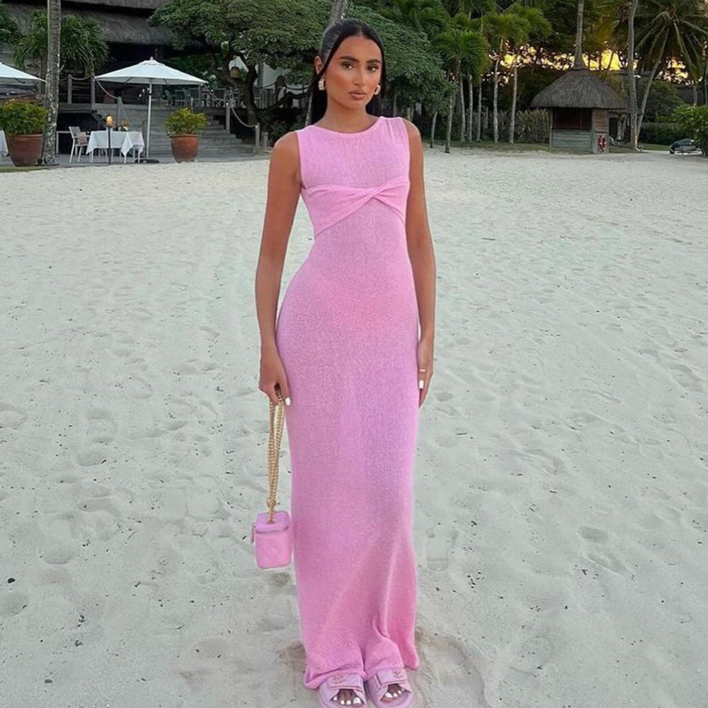 European and American  new products, sexy fashion sleeveless knitted kink crew neck long dress, slim-fitting pullover dress, spring and summer