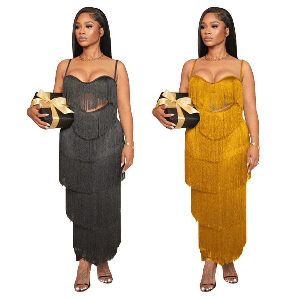 C7431 cross-border   fashion women's sexy sling backless tassel long dress
