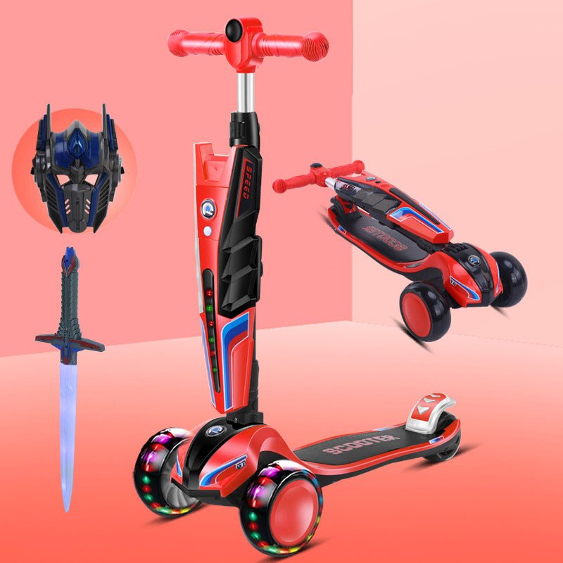 Children's four-wheel flash scooter, adjustable height 2-6 years old children's toy scooter one-click folding car