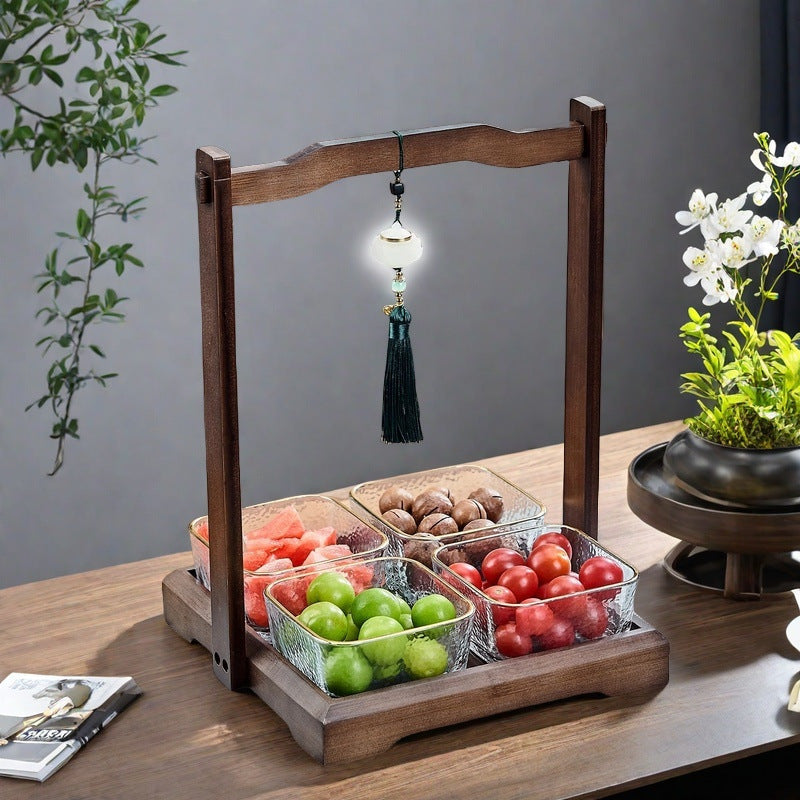 Luxury walnut wood-effect fruit & snack platter - home use, divided compartments, creative dried fruit dish, dessert glass bowl & fruit plate