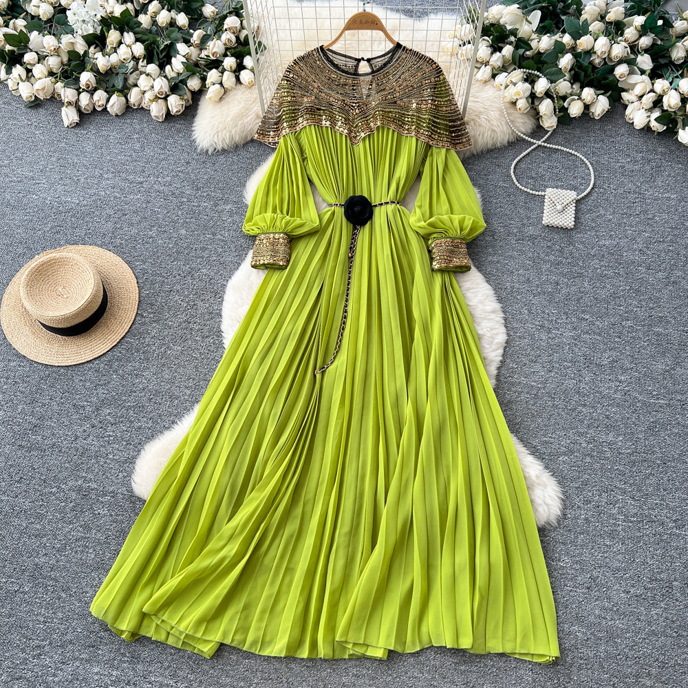 French-style heavy embroidery beaded sequin mesh patchwork lantern sleeve tie-waist pleated maxi dress - women's high-end long dress