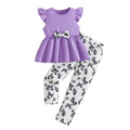 Girls' summer outfit set: purple flutter sleeve top with lace hem and butterfly print pants - two-piece set for kids