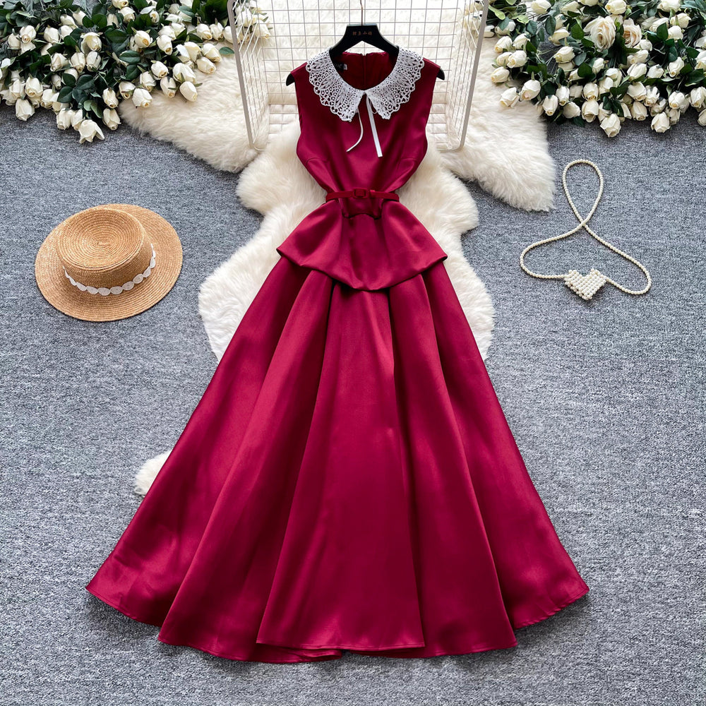 Celebrity style lace doll collar red a-line dress female summer pure lust style high waist waist elegant long skirt work clothing