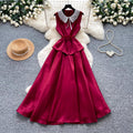 Celebrity style lace doll collar red a-line dress female summer pure lust style high waist waist elegant long skirt work clothing