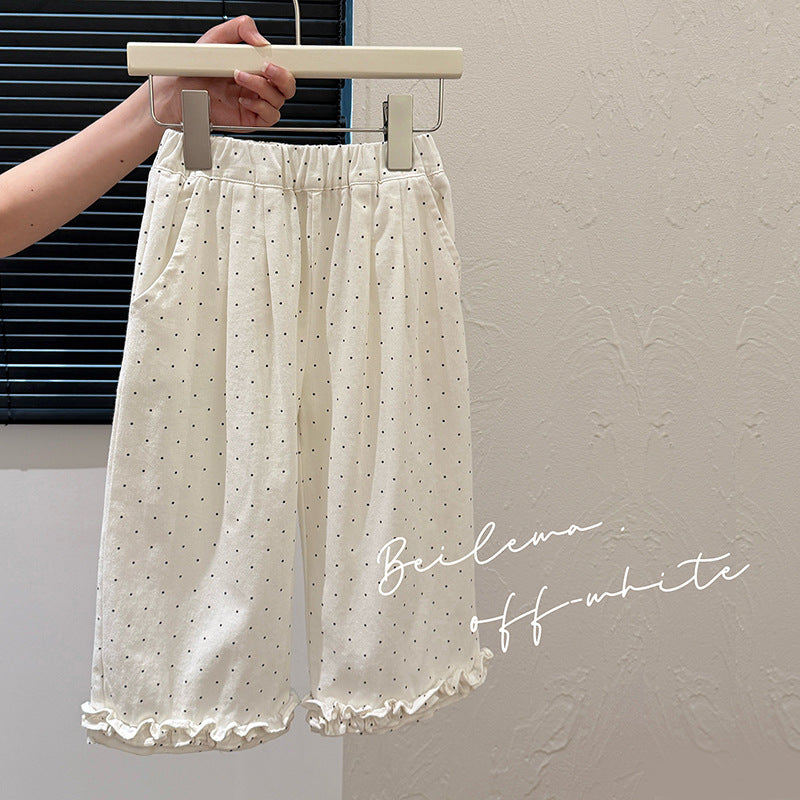 Summernew arrivalgirlpure cotton polka dot lace casual pants k-stylefashionpantskids pants children's clothing trendy