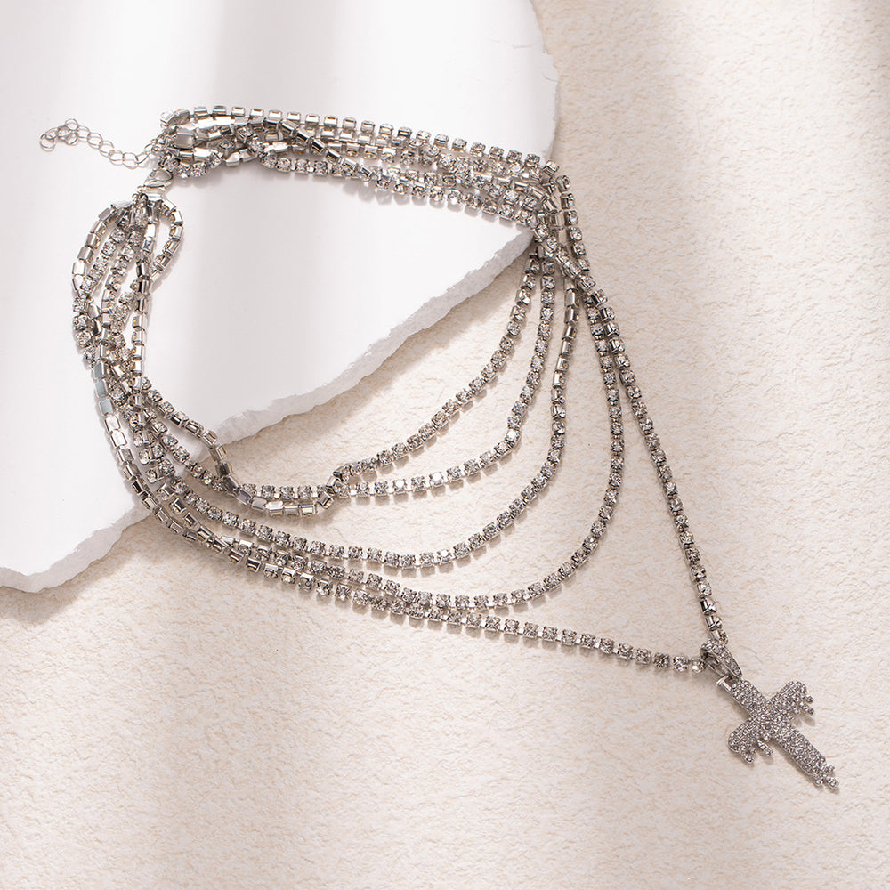 Full diamond cross pendant necklace wholesale fashion cross-border accessible luxuryclassy sense accessories women's stylish stacked clavicle chain