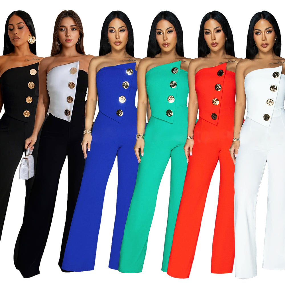 C7105 cross-border   independent station fashion women's sleeveless button jumpsuit pants new