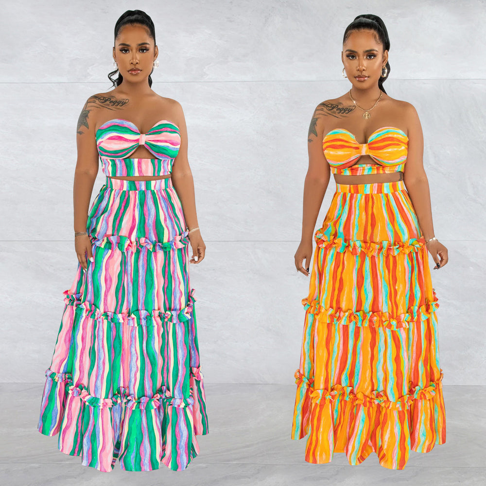 X6646 cross-border   fashion women's sleeveless bandeau striped print maxi dress two-piece set