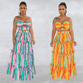 X6646 cross-border   fashion women's sleeveless bandeau striped print maxi dress two-piece set