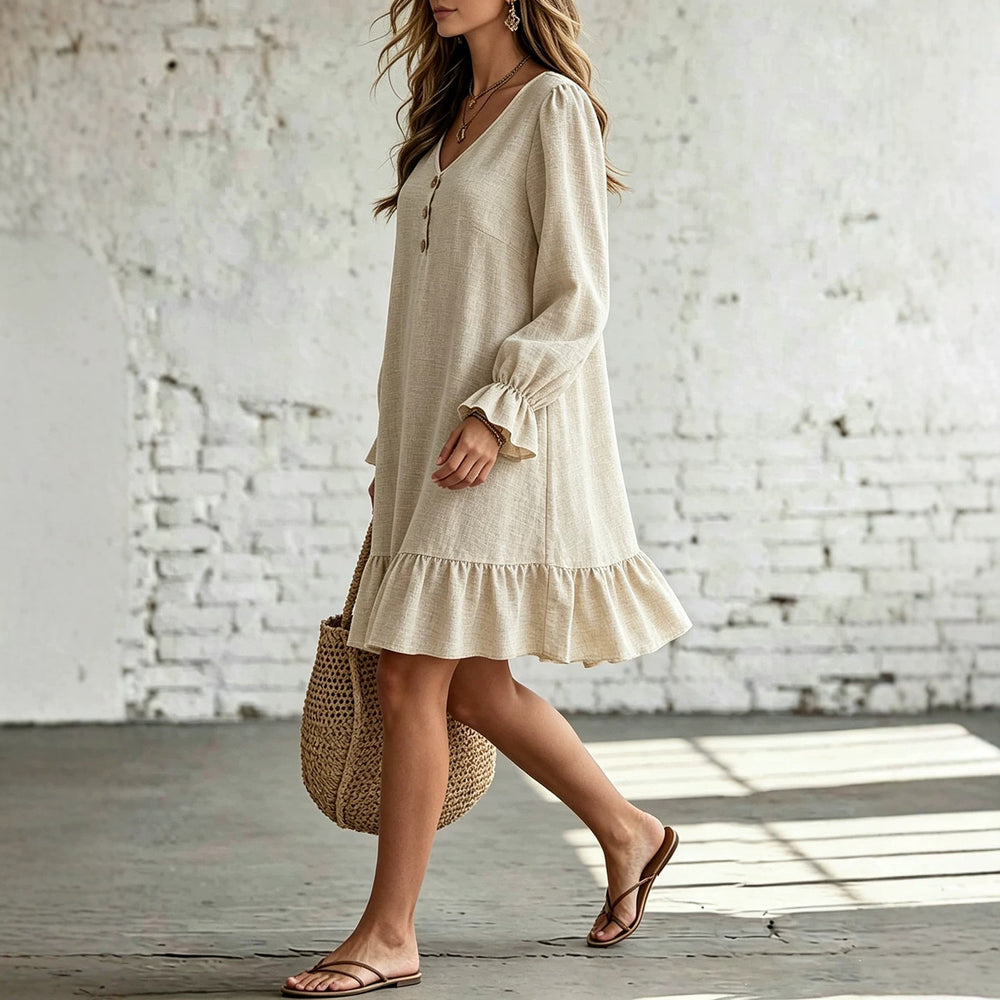 French chic plus size beige mini skirt - v-neck, button-down, ruffle cuffs & hem, loose fit, slimming, curvy women's clothing (size 168)