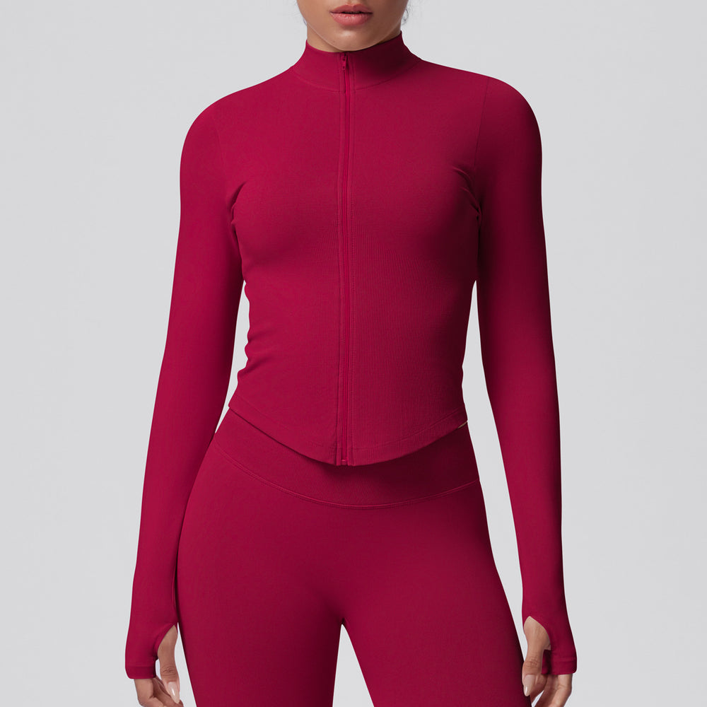 seamless pure color tight high elastic breathable stand collar zipper outwear sports running fitness yoga wear tops for women