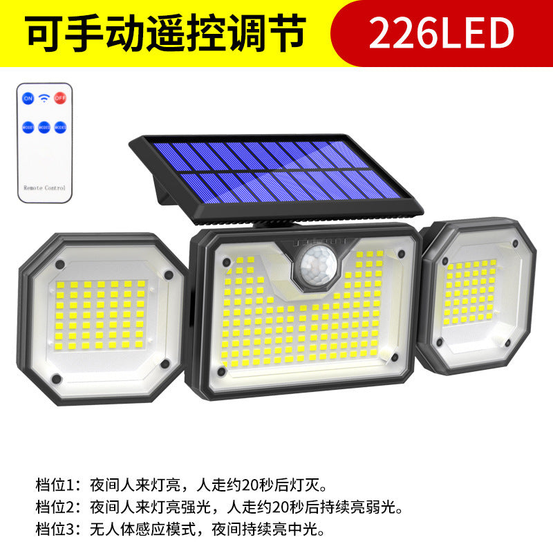 Solar intelligent remote control indoor and outdoor three-head split waterproof LED automatic human body induction floodlight wall light
