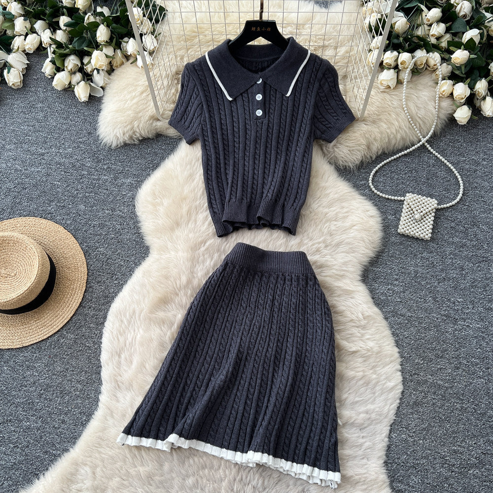 Preppy style polo collar knittingtwo-piece set female summerwork clothing styleslimming look short-sleeved topselegant skirt suit