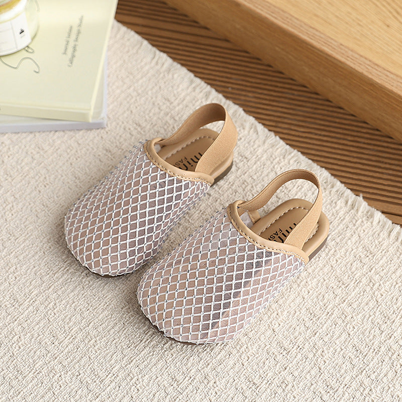 Mesh rhinestone toe-cap half slippers for women summeroutwearnew arrival one-leg cut out fishnet fairy lazy slippers