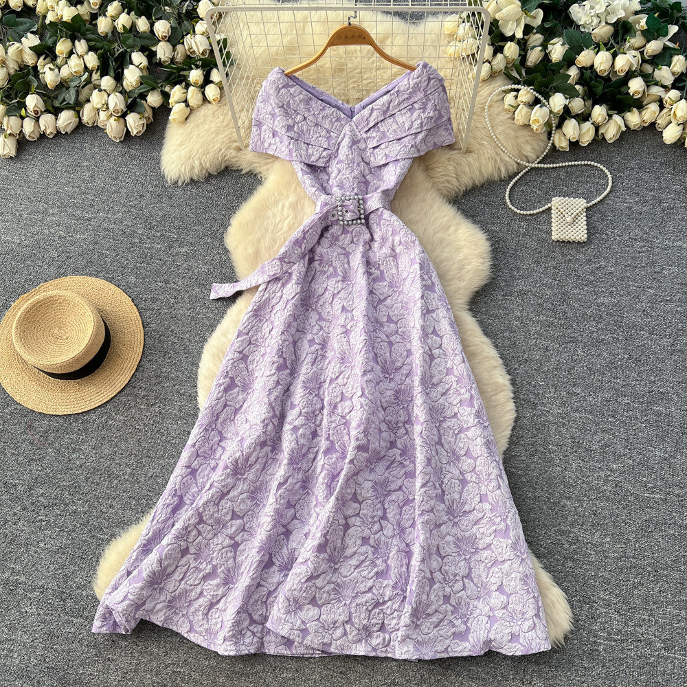 French chic blue floral dress - women's summer korean style bubble high waist slimming a-line maxi dress - elegant
