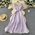 French chic blue floral dress - women's summer korean style bubble high waist slimming a-line maxi dress - elegant