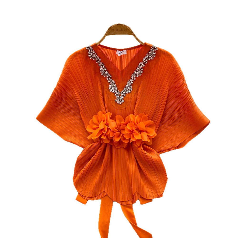 Gentle and lazy style v neckcasual short-sleeved shirt for women  spring strap waist stereo flower decoration tops