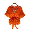 Gentle and lazy style v neckcasual short-sleeved shirt for women  spring strap waist stereo flower decoration tops