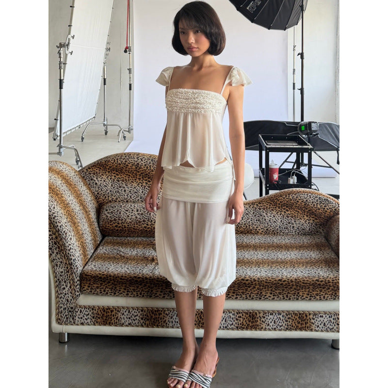 european and american women's clothing  summer new french chic flutter sleeve see-through top and high-waisted lantern pants set