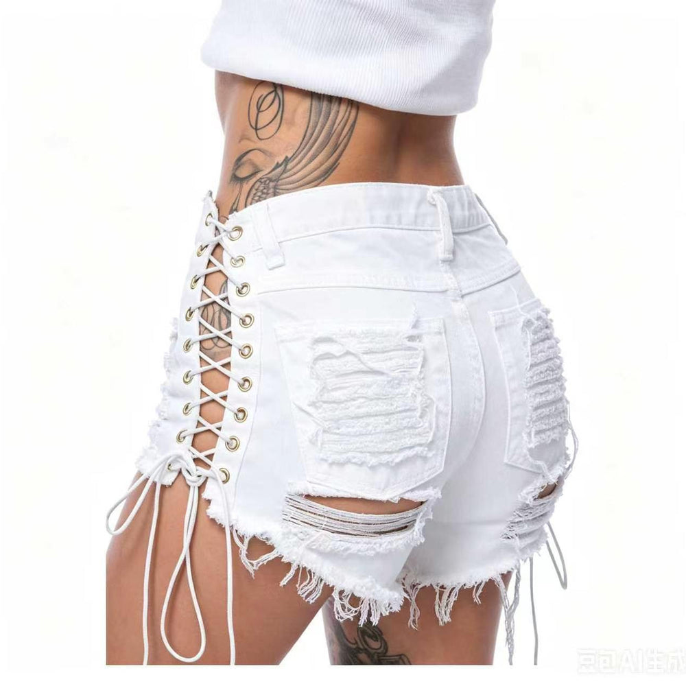 White ripped and frayed denim shorts with tie straps, high-waisted hot pants for women, summer style. spicy girl sexy distressed jeans