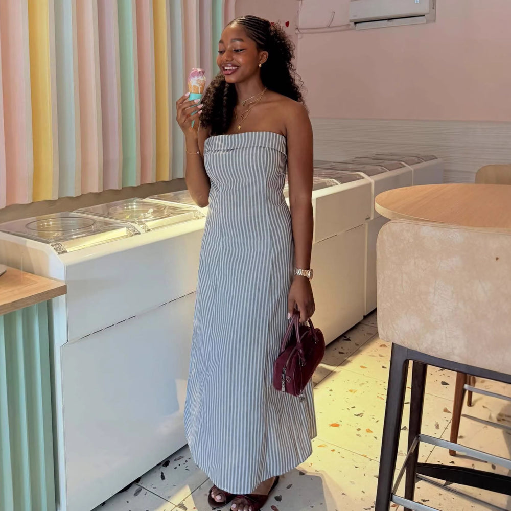 European and american cross-border women's clothing  summer new arrival: african-inspired bandeau striped slim-fit sleeveless maxi dress