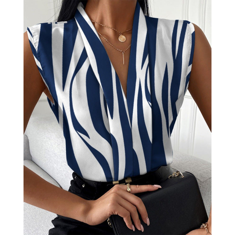 independent station  hot seller: summer european and american fashion casual sleeveless v-neck printed shirt for women