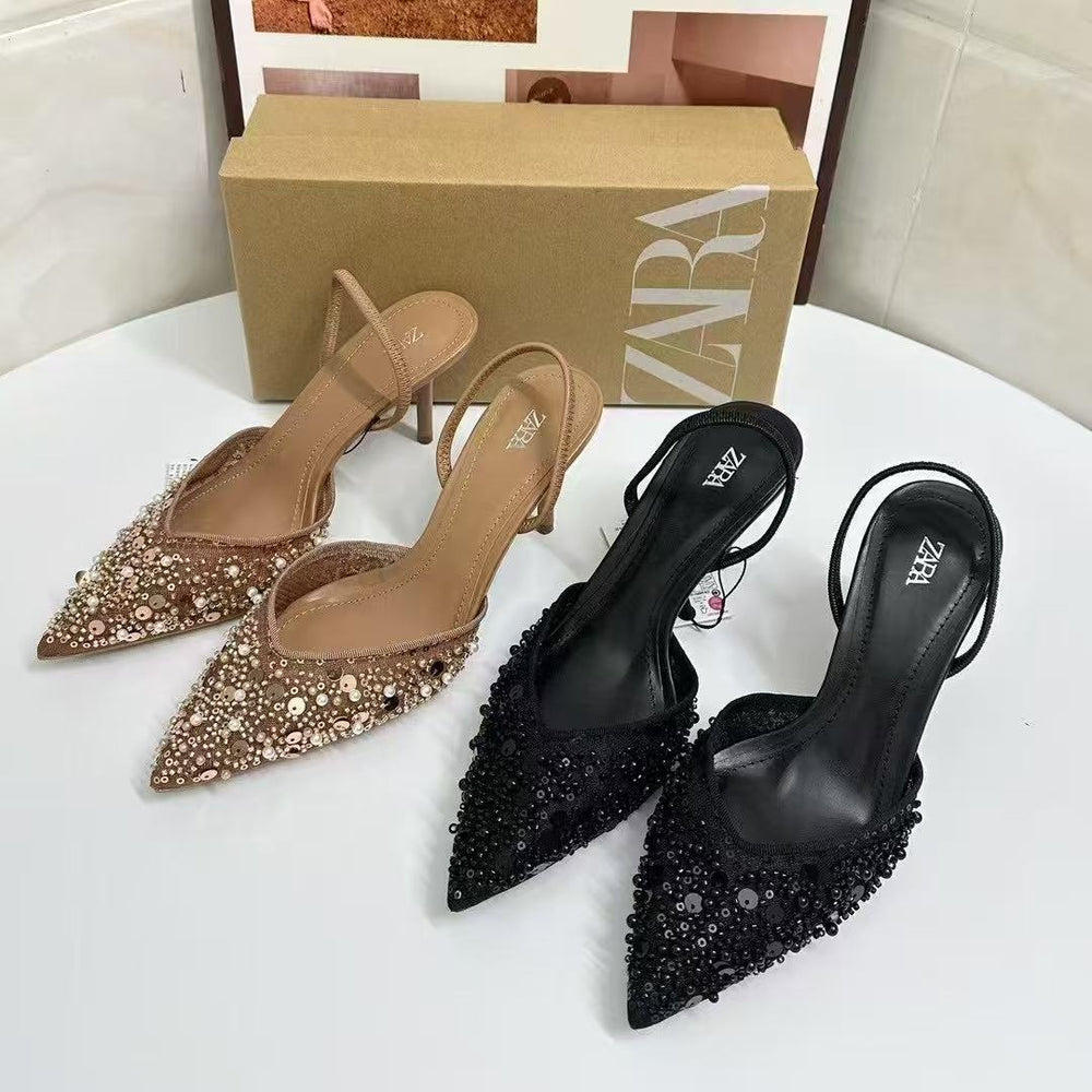 Zar summer new arrivals: women's apricot beaded mesh slingback pointed-toe stiletto mules