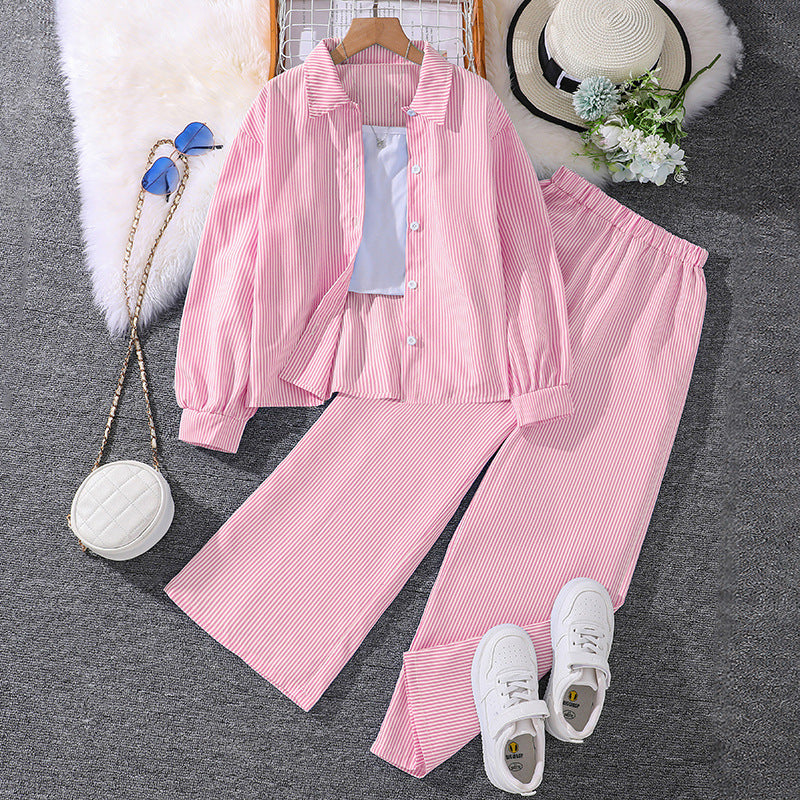 Hot-selling export children's clothing set for boys and girls, spring  european and american new style,  casual striped long-sleeved shirt and pants