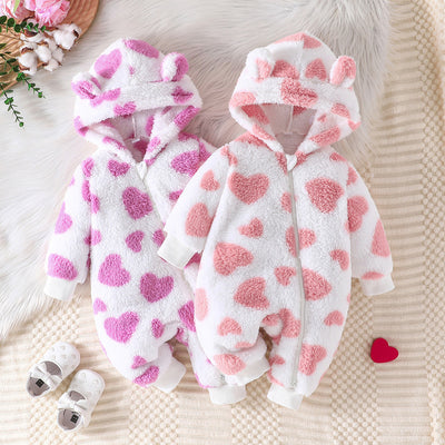 new autumn/winter bestseller: fuzzy heart hooded romper - long sleeve bodysuit for baby boys and girls