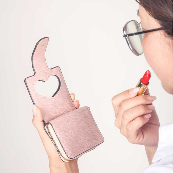 Cross-border women's two-fold solid color lychee pattern women's wallet with makeup mirror multi-card change bag compartment zipper bag