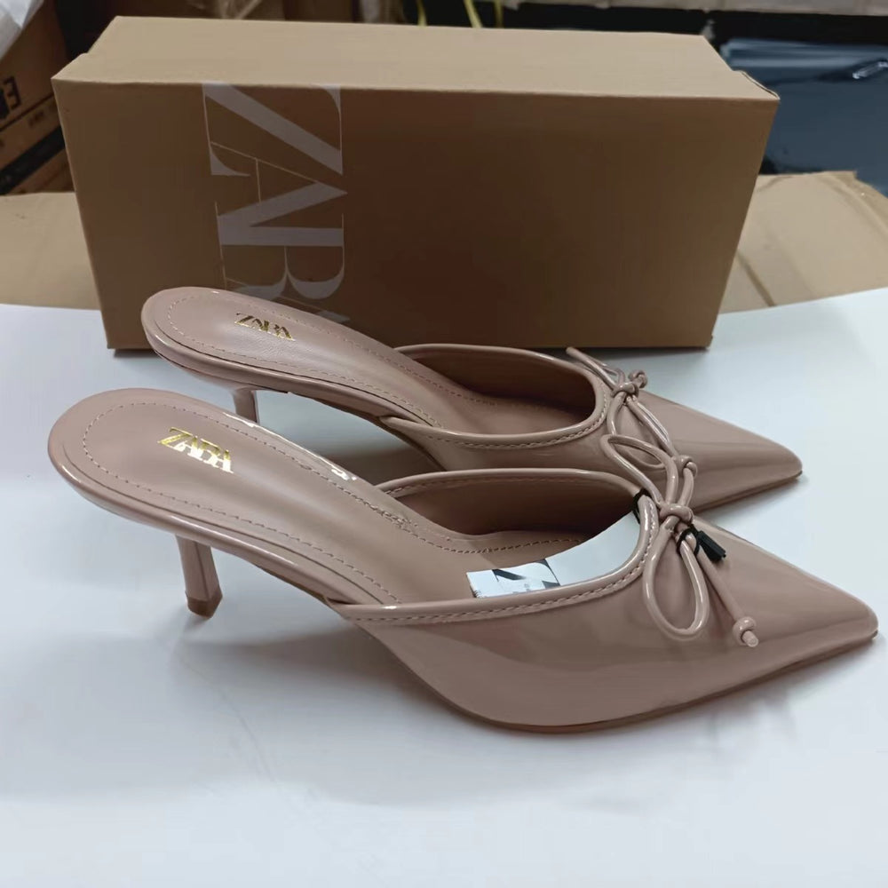 Za2024summer new sandals women's pointed toe bows decoration shallow mouth stiletto heels back empty toe cap mules shoes