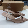 Za2024summer new sandals women's pointed toe bows decoration shallow mouth stiletto heels back empty toe cap mules shoes