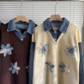 2025 fall/winter new arrival: denim patchwork knit faux two-piece collared dress with floral beaded embellishments - women's maxi dress