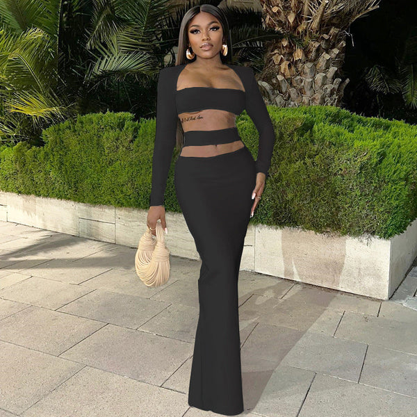 European Station Foreign Trade Cross-border Women's New Supply Solid Color Fashion Temperament Top Long Sleeve Skirt Set Two-piece Set