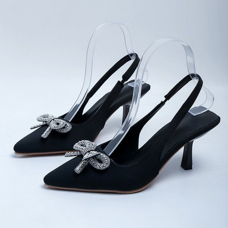2026 new women's high heel sandals - pointed toe, ankle strap with bow, rhinestone chain detail, stiletto heel, low-cut pumps