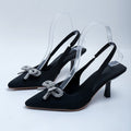 2026 new women's high heel sandals - pointed toe, ankle strap with bow, rhinestone chain detail, stiletto heel, low-cut pumps