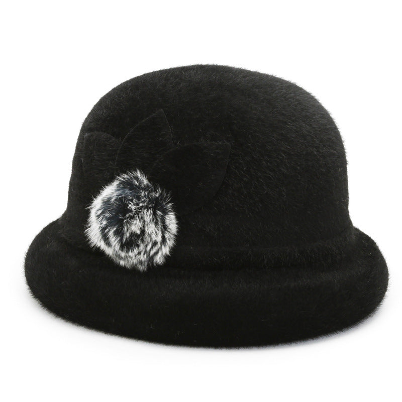 Autumn and winter hat women's trilobal round edge basin hat Korean version hairball bucket hat outdoor sponge ring warm fashion cotton hat