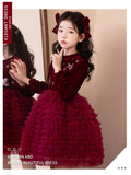Ready-to-ship new girls' dress cake princess dress red new year outfit velvet birthday party dress winter style