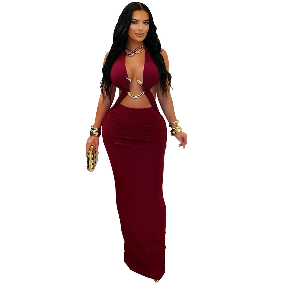 C7572 cross-border   fashion women's sexy slim-fit solid color tie-up sleeveless dress