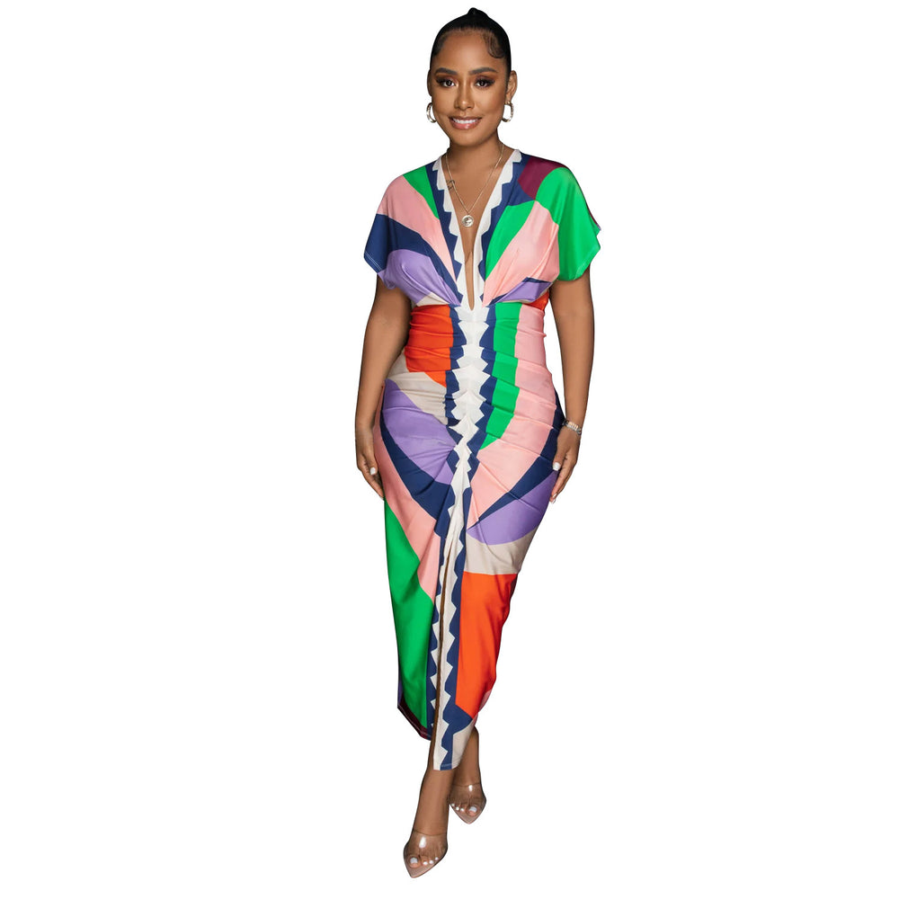 X6660 special offer: no returns or exchanges. please purchase with care. fashionable women's v-neck printed slit pleated maxi dress