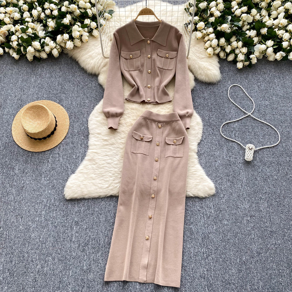Xiaoxiangfeng two-piece set women's fall and winter styleeasiest for match metal buckle lapel knittingtops tight hip-covering skirt